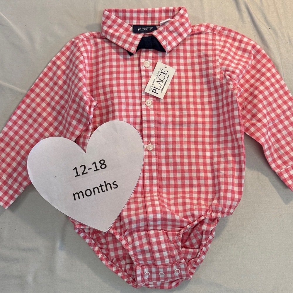⭐️The Children's Place - NWT -Gingham design button down onesie bowtie. 12-18 mo
